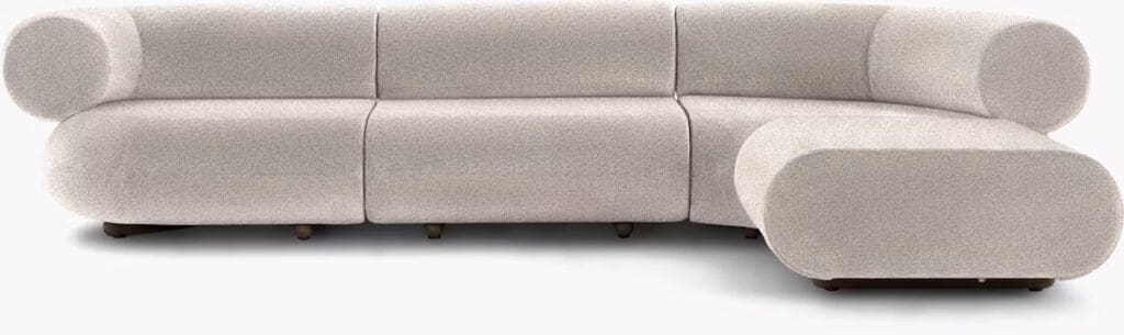 A modern gray sectional sofa with rounded edges and plush upholstery, designed for comfort and style.