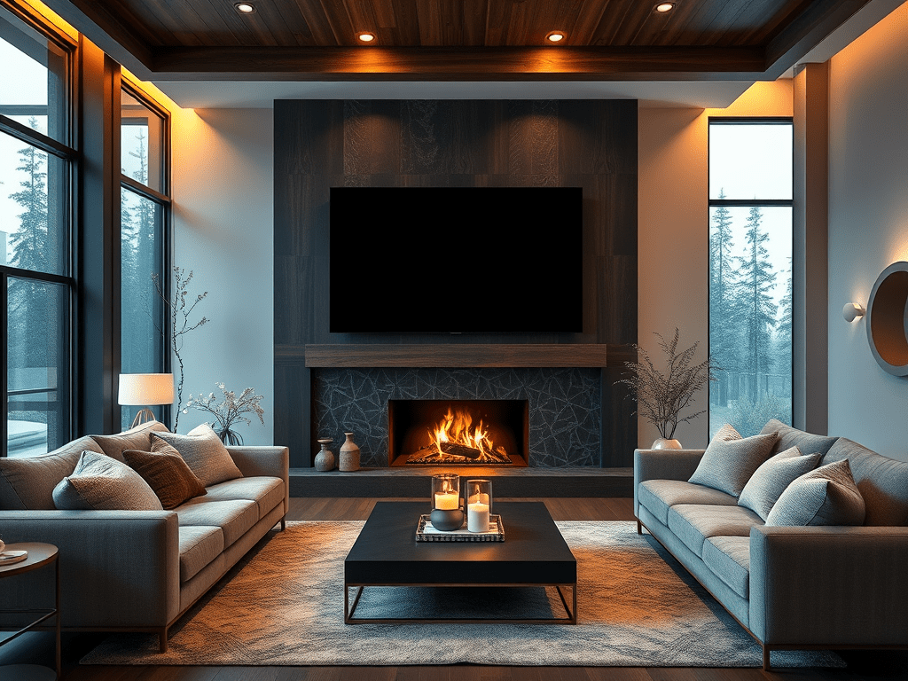A cozy living room featuring two stylish sofas, a sleek coffee table, and a modern fireplace, with large windows allowing natural light in.