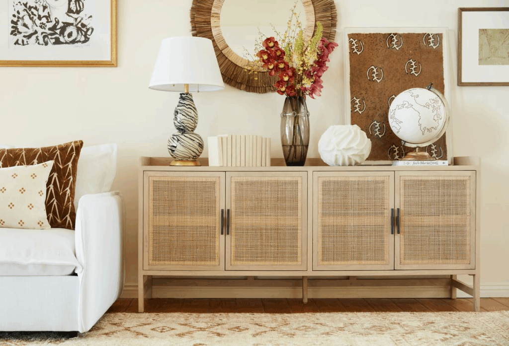 A stylish wooden media cabinet with cane front panels and tapered legs, adorned with decorative items, including a lamp, a vase with flowers, and a globe, placed near a large window.