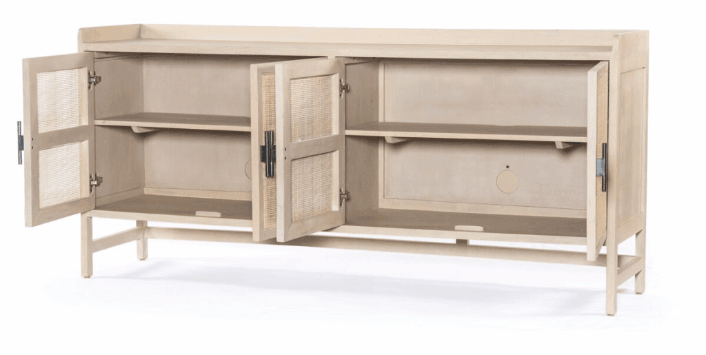 A modern wooden media cabinet with cane front panels, featuring two open shelves and two doors, set on tapered legs.