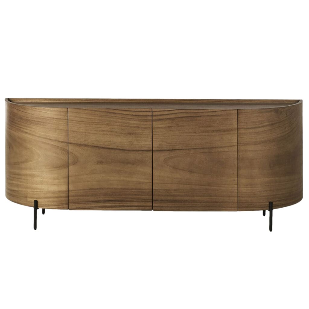 A sleek wooden media cabinet with a rounded design and black legs, featuring multiple storage compartments.