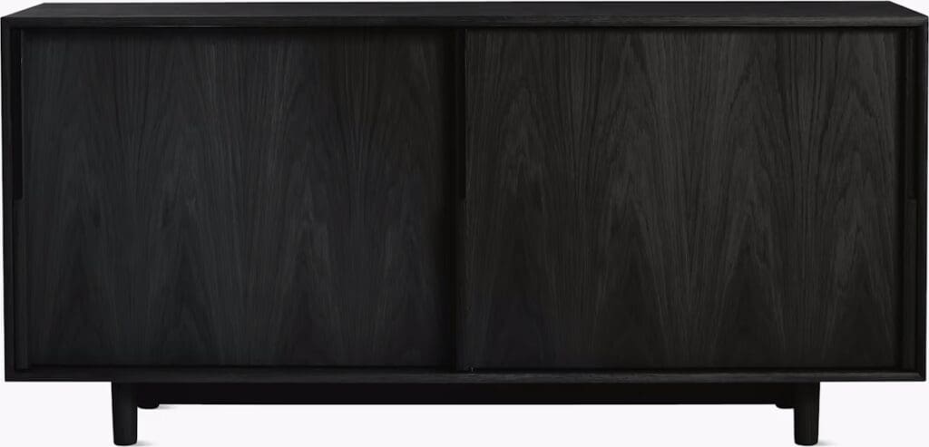 A sleek black wooden media cabinet with two sliding doors and tapered legs, featuring a minimalist design.
