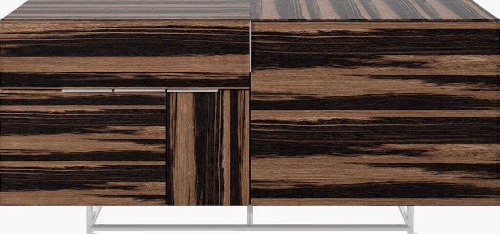 A modern wooden media cabinet featuring a sleek design with horizontal stripes and a minimalist handle, showcasing a combination of dark and light wood tones.