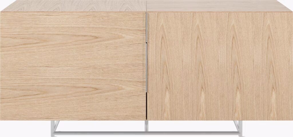 A modern wooden media cabinet with a sleek design featuring two front panels, likely made of light-colored wood, designed to complement contemporary living spaces.