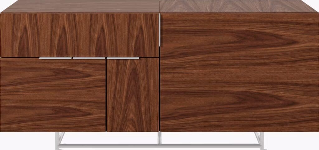 A modern wooden media cabinet with a sleek design featuring drawer fronts and a contemporary metal base.