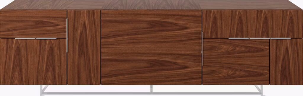 A modern wooden media cabinet featuring a sleek design with multiple drawers and a stylish surface, showcasing a rich wood grain.