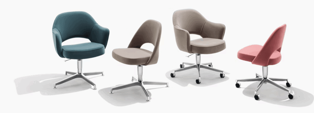 Four stylish modern swivel chairs in various colors including teal, beige, and pink, showcased on a white background.