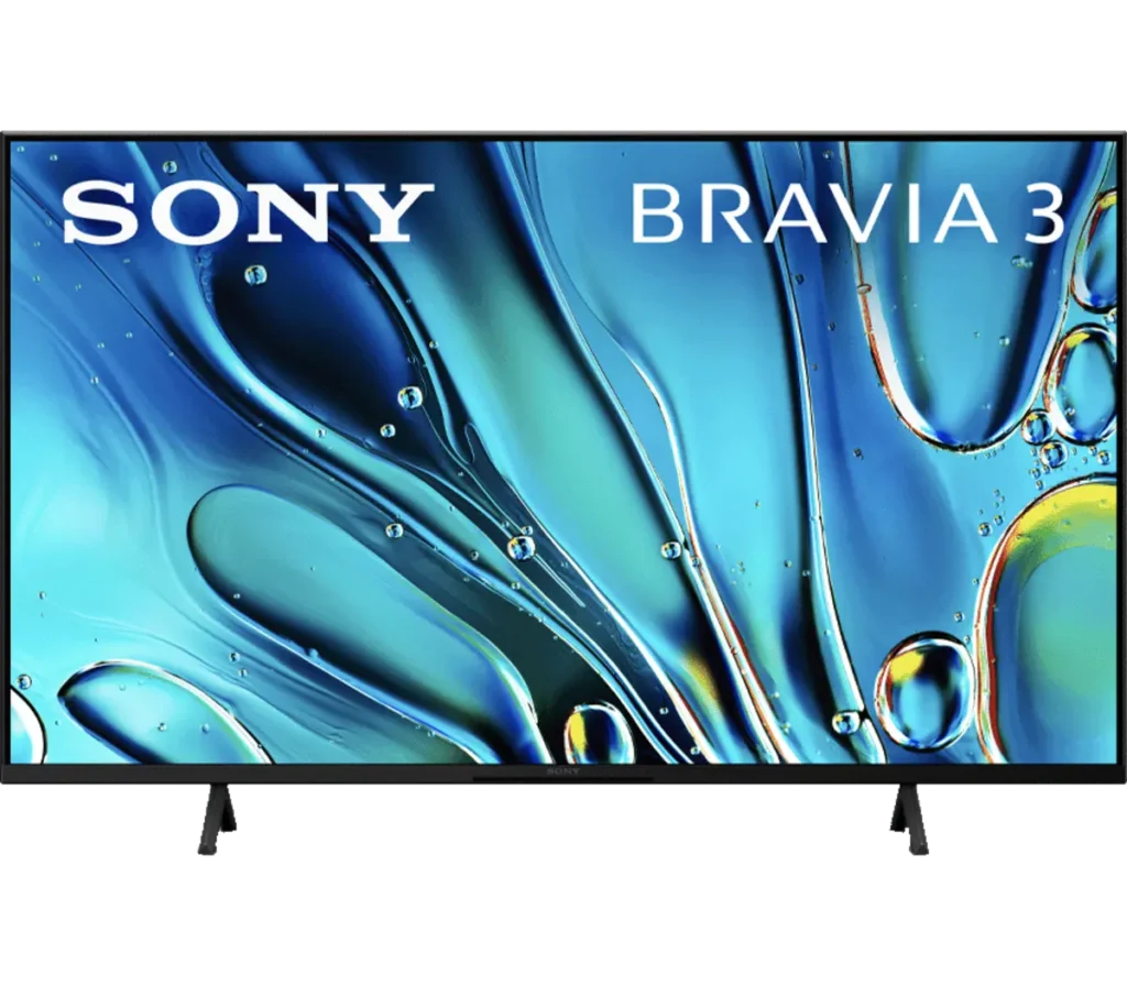 A close-up of a Sony Bravia 3 television displaying vibrant blue liquid patterns.