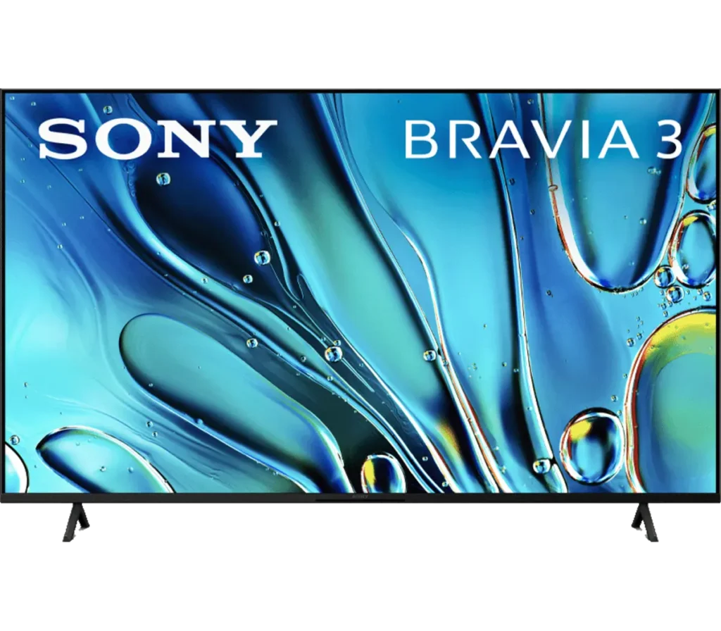 A Sony Bravia 3 TV displaying vibrant blue liquid graphics with bubbles, emphasizing its modern design.