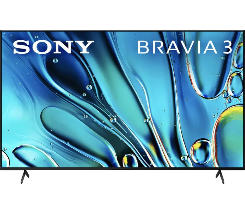A close-up image of a Sony Bravia 3 television screen displaying vibrant blue liquid with bubbles, showcasing vivid colors and modern design.