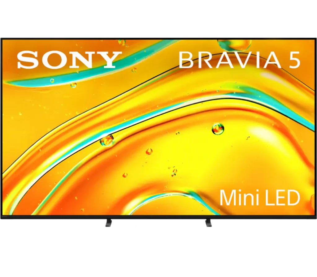 A Sony Bravia 5 Mini LED TV displayed against a vibrant yellow background featuring a glossy, wavy design.