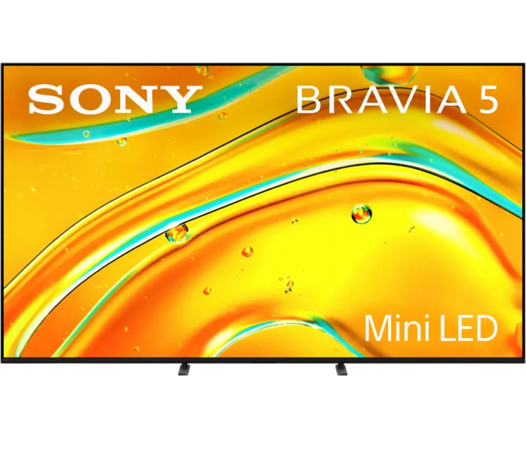 A Sony Bravia 5 Mini LED TV displaying vibrant yellow and blue abstract visuals.
