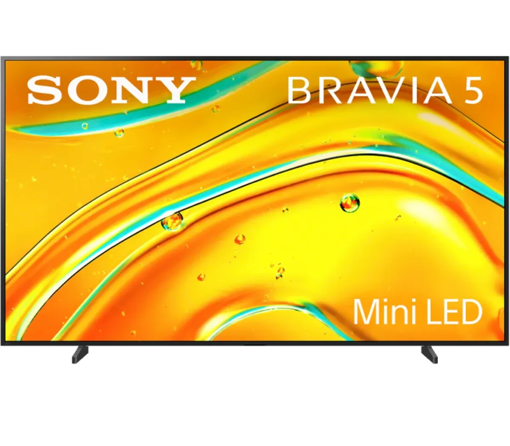 A Sony Bravia 5 television featuring Mini LED technology, displaying vibrant colors with an abstract, fluid background in shades of orange and blue.