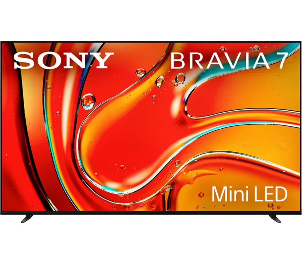 A close-up view of a Sony Bravia 7 Mini LED television displaying vibrant abstract artwork with fluid shapes and bright colors.