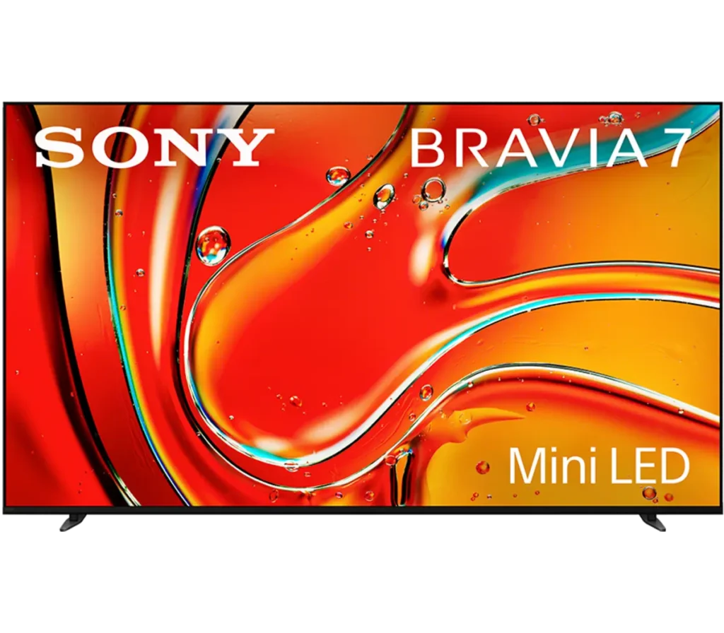 A Sony Bravia 7 Mini LED television displaying vibrant abstract art with red and orange hues.