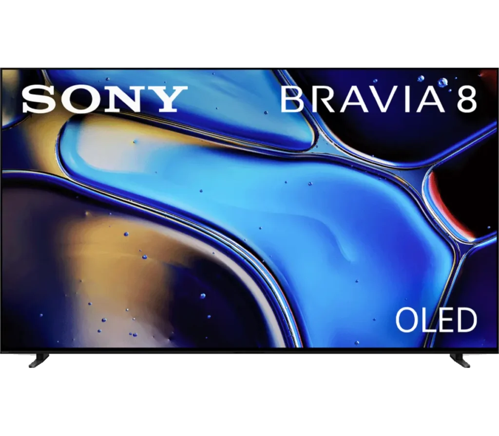 A vibrant and colorful display of a Sony Bravia 8 OLED TV showcasing abstract blue and gold shapes.