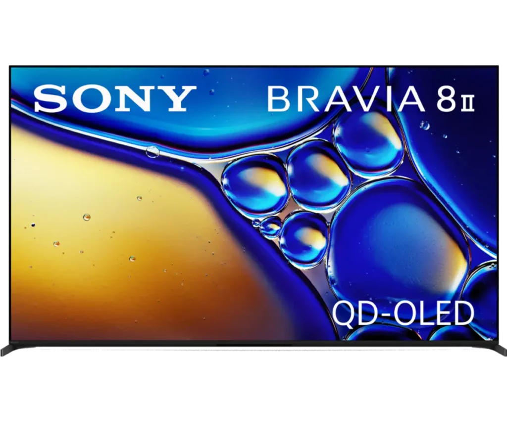 A Sony Bravia 8 II QD-OLED television displaying vibrant blue and golden abstract patterns.