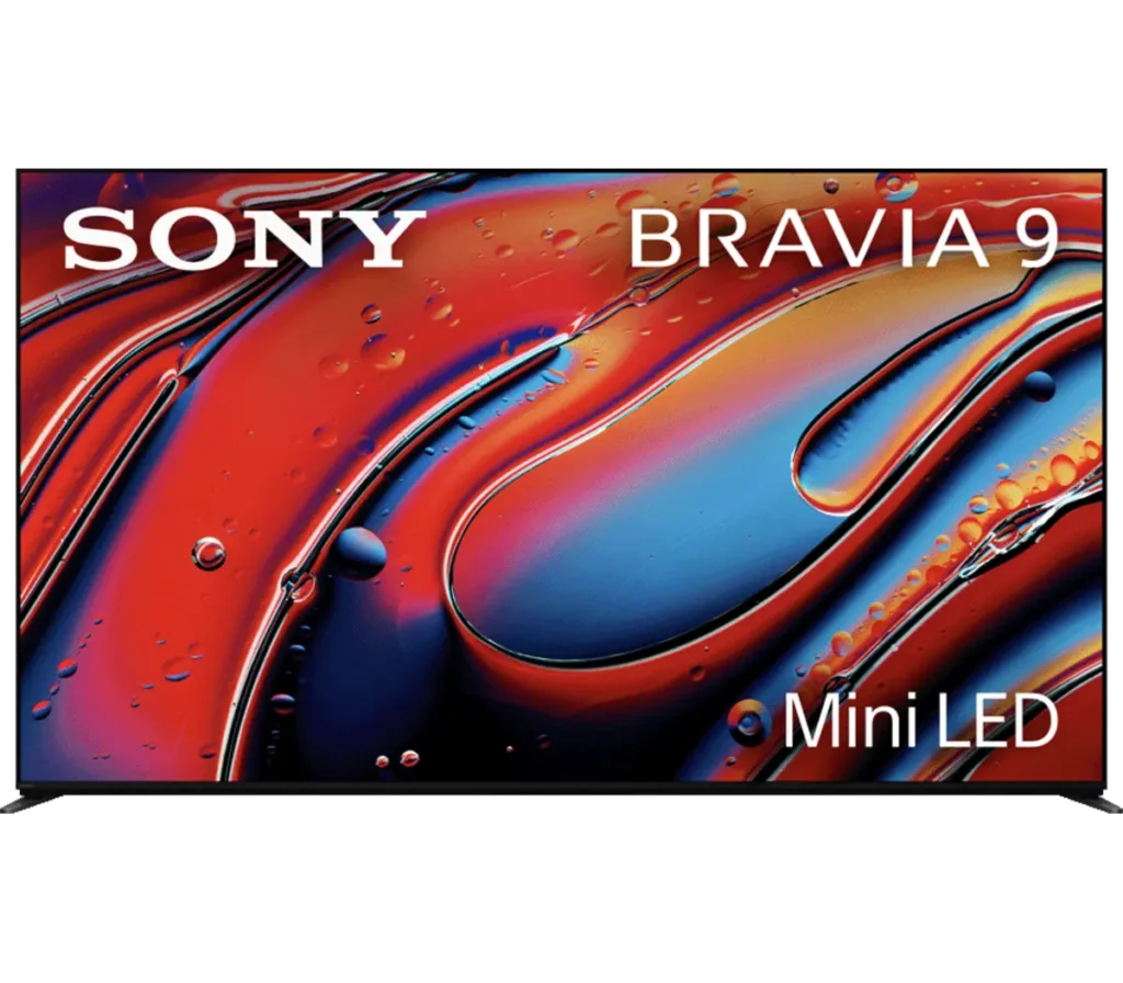 A Sony Bravia 9 Mini LED television displaying a vibrant abstract graphical design in red and blue tones.