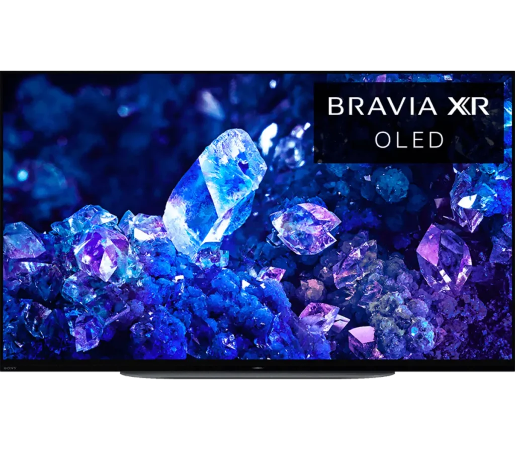 A Sony Bravia XR OLED television displaying vibrant blue and purple gems against a dark background, featuring the brand logo.