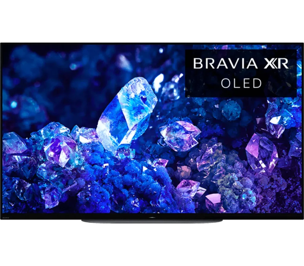 A close-up view of a Sony Bravia XR OLED TV showcasing vibrant colors against a backdrop of blue and purple crystals.