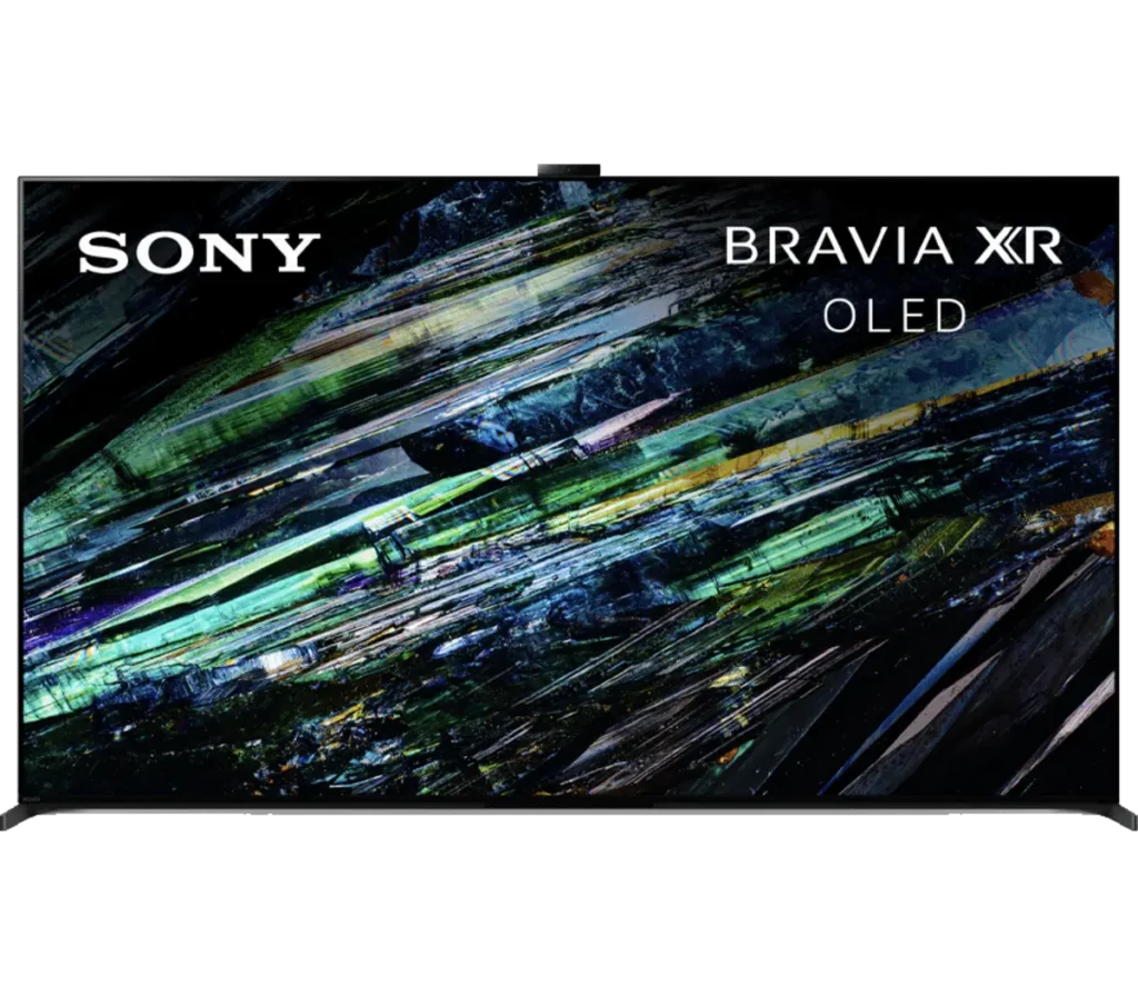 A Sony Bravia XR OLED television displaying an abstract, colorful graphic with vibrant greens, blues, and blacks.
