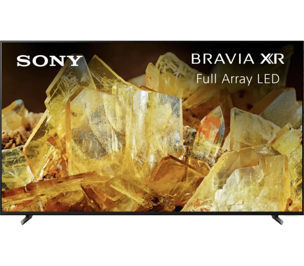 A close-up of a Sony Bravia XR Full Array LED TV displaying a vibrant image of yellow crystals, emphasizing its advanced picture quality.