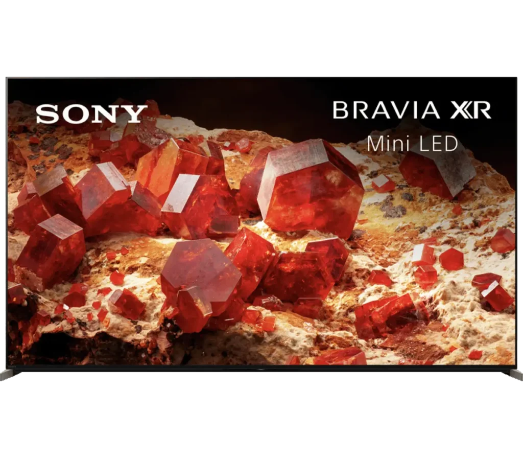 A close-up of a Sony Bravia XR Mini LED TV displaying a striking image of red gemstones set against a rocky background.