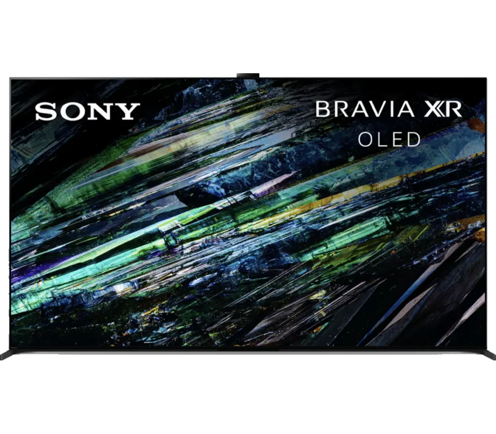 A Sony Bravia XR OLED TV displaying a vibrant, abstract digital artwork with colors blending harmoniously.