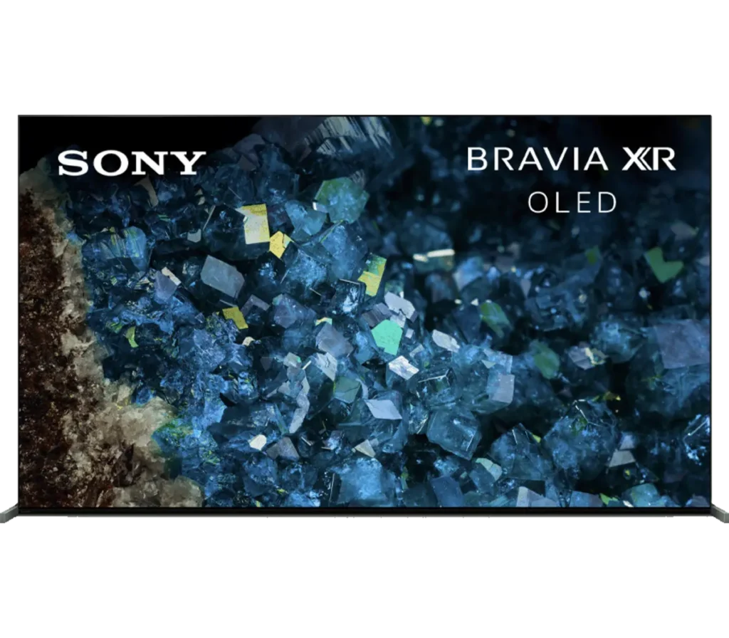 Close-up of a Sony Bravia XR OLED television showcasing shimmering blue and green crystals, emphasizing clarity and detail.