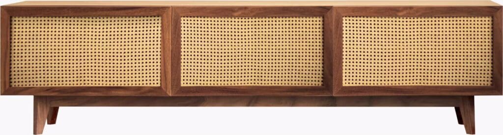 A modern wooden media cabinet with cane front panels, featuring three storage compartments and tapered legs.