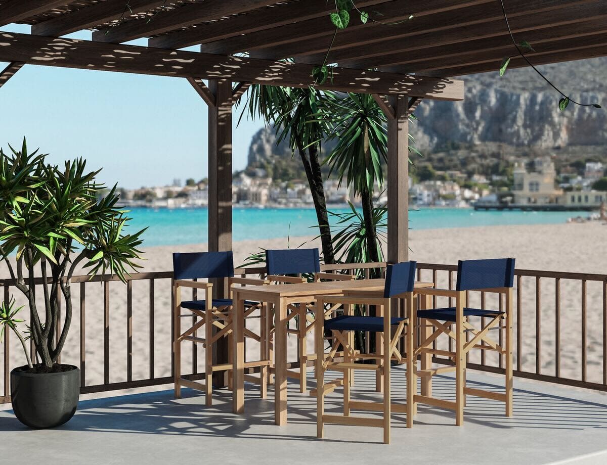 Calindra 5-Piece Outdoor Rectangular Teak Counter Height Dining Set w/ Folding Armchairs