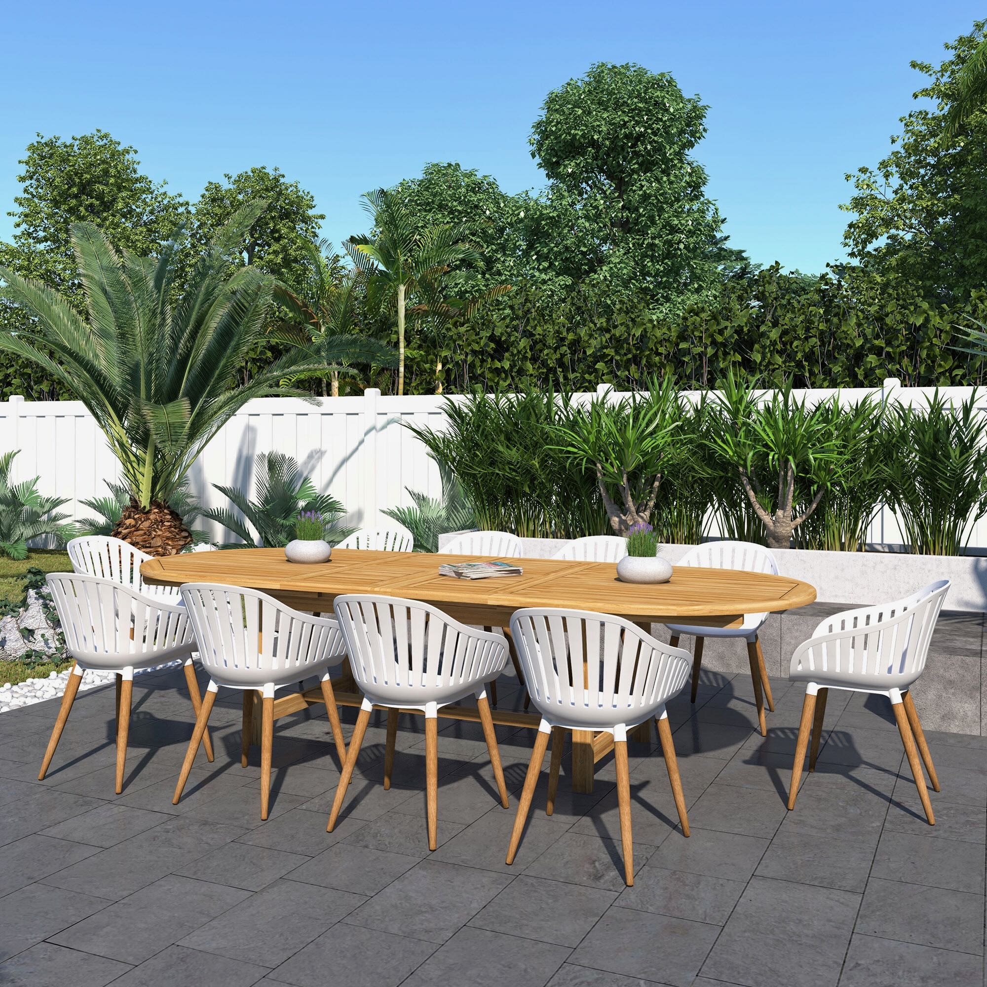 Cayana 11-Pc Oval Extension Outdoor Teak Dining Set, Natural and White