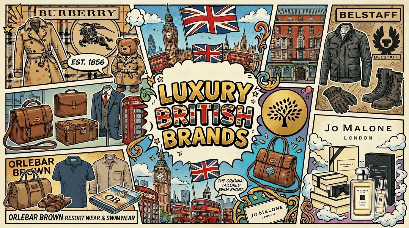 Collage of British luxury brands including Burberry trench coat, Rolls-Royce car, Harrods department store, Fortnum & Mason, Agent Provocateur lingerie, Penhaligon’s perfumes, and Jo Malone handbag with Big Ben and Union Jack flags.